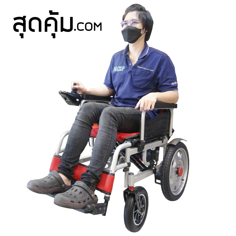 รถเข็นวีลแชร์ไฟฟ้า คาร์บอนสตีล แบบพับได้ ล้อ 16 นิ้ว รุ่น Excho-Red